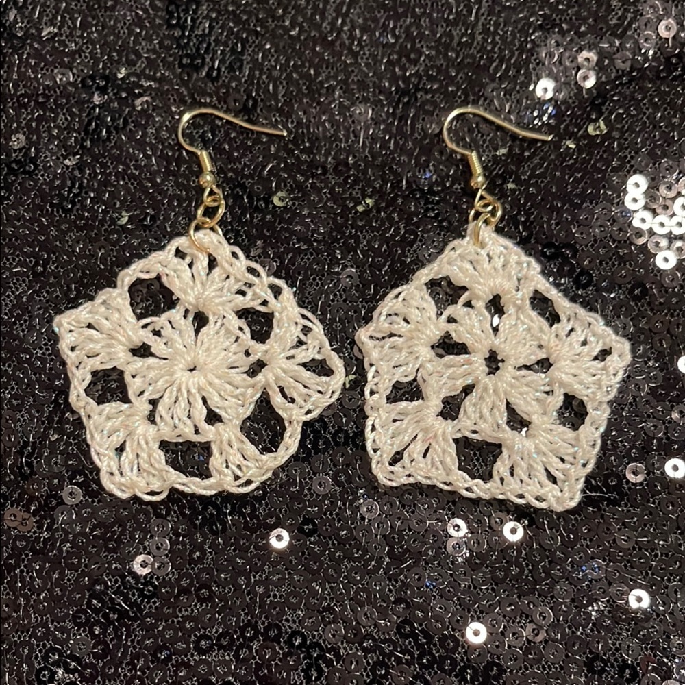 Delicate Silver and White Crochet Earrings